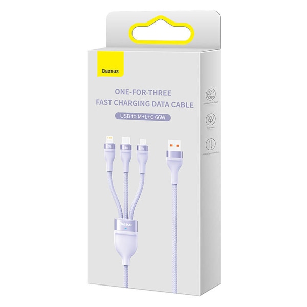3-i-1 USB-kabel Baseus Flash II Series, USB-C + micro USB + Lightning, 66W, 1,2m (lilla)