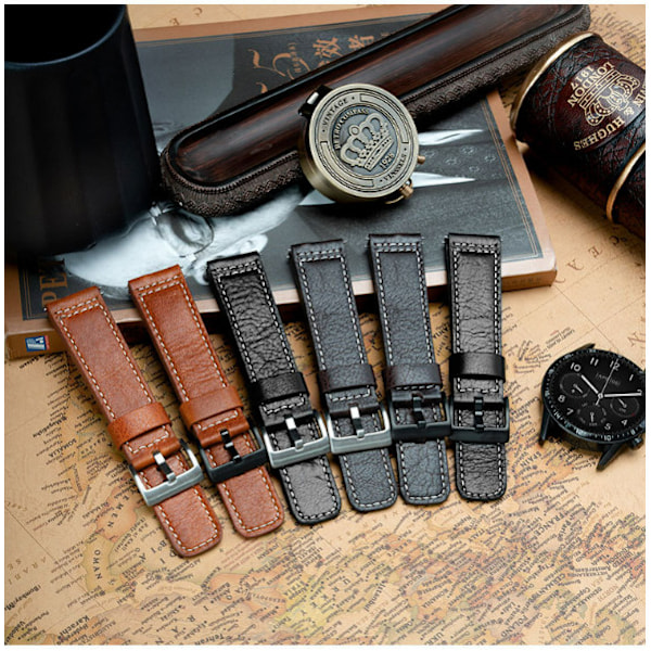 Armband i äkta läder för Samsung Galaxy Watch 4 Kaffe+svart 24 mm
