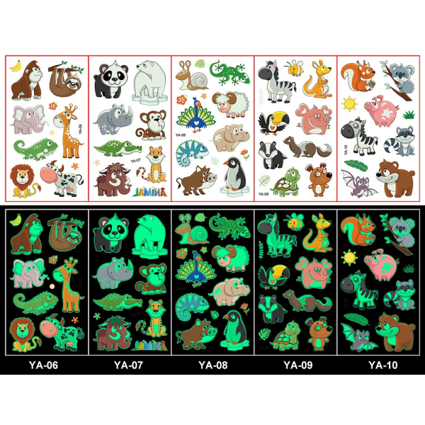 Midlertidige tatoveringer/klistermærker med tegneserie- og glød-i-mørke-motiver Animal B