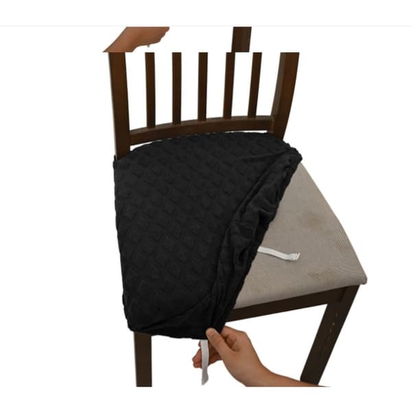 Stolsöverdrag 4-pack — jacquardmönster, dubbel elastisk passform för pallar och köksstolar, anti-glid polyester med tunga- och spänne för säkert fäste Black
