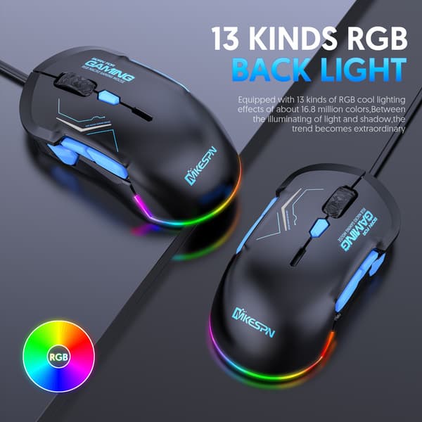 10-knaps RGB kablet mus med høj DPI og tilpasselig belysning Sort + blå