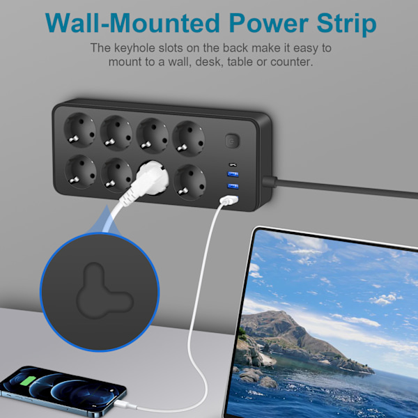 Musta EU-standardin USB-C-pistorasia 8 ulostulolla ja 3 USB-portilla