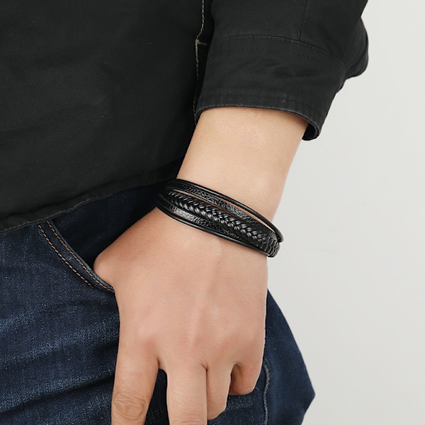 Flettet læderarmbånd til mænd Sort