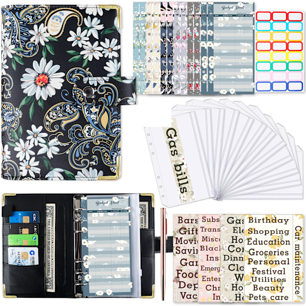 Daisy Black A6 PU Læder Budget Binder med Tilbehør