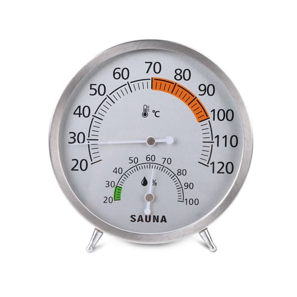 Sauna termometer Celsius - mekanisk batterifrit til saunaer og damprum, rustfrit stål, klar visning, 30cm x 30cm, nem montering