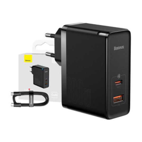 Väggladdare Baseus GaN USB-C + USB, 100W + 1m kabel (svart) Svart