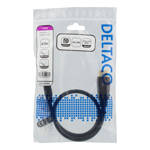 DisplayPort-kaapeli, 0,5m, 4K UHD, DP 1.2, musta
