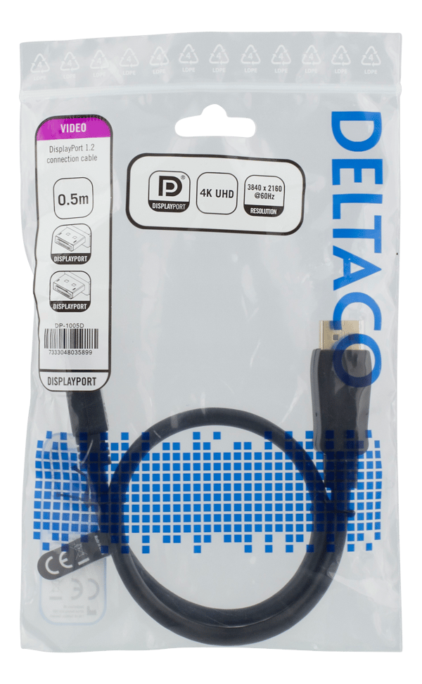 DisplayPort-kabel, 0,5 m, 4K UHD, DP 1.2, svart