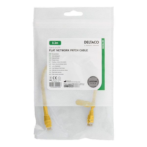 U/UTP Cat6 patch cable, flat, 0.3m, 250MHz, yellow
