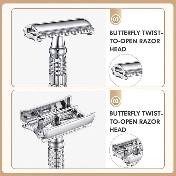 Butterfly Dobbeltsidet Barberkniv Sæt - Aluminium Legering & Rustfrit Stål til Vådbarbering Silver Silver