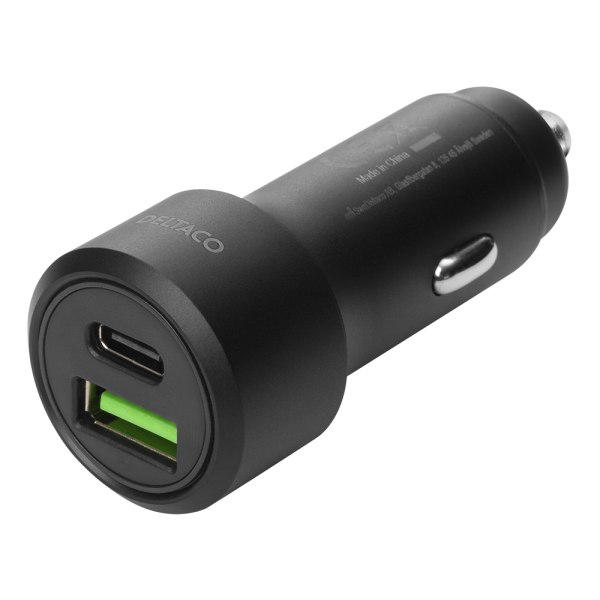 USB car charger, 1xUSB-A 18W, 1xUSB-C PD 20W, tot 38W, black