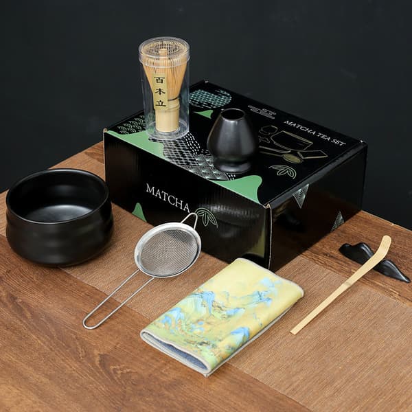 Elegant Svart Matcha Visp Set - 7 Delar Keramik & Bambu