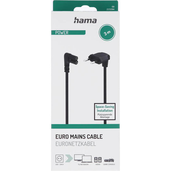 Power Cable Angled Euro Plug Black 3.0m