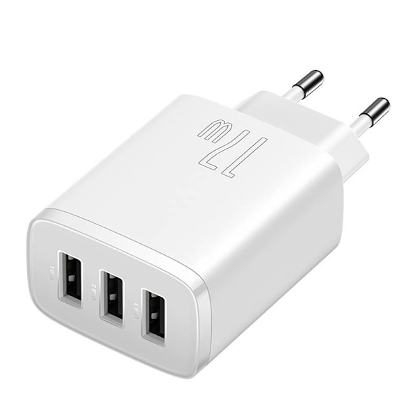 Baseus kompakt snabbladdare, 3x USB, 17W (vit)