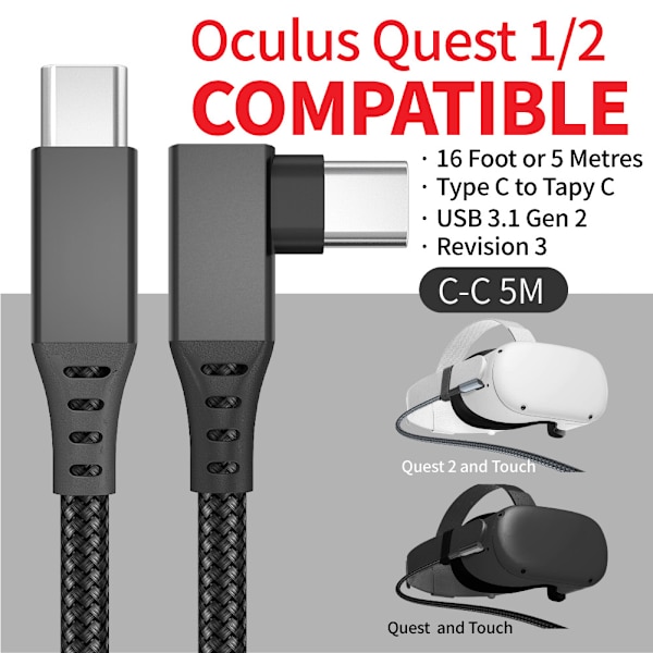 INF USB-C-liitäntäkaapeli Oculus Quest 2 Blackille, 5 metriä