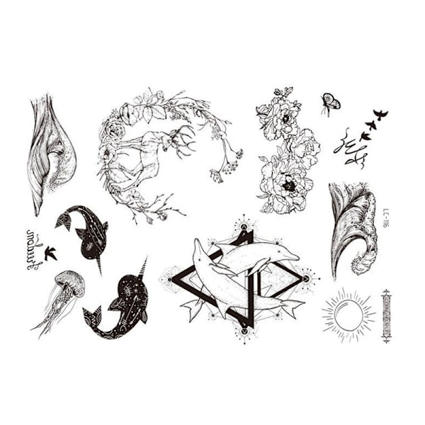 Svart tatueringsklistermärke - 5-pack Renar, delfiner, valar