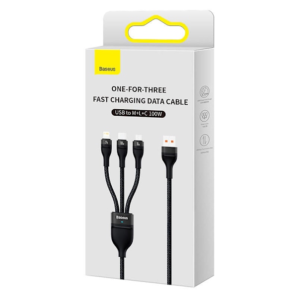 3in1 USB-kaapeli Baseus Flash Series, USB-C + micro USB + Lightning, 100W, 1,2m (musta)