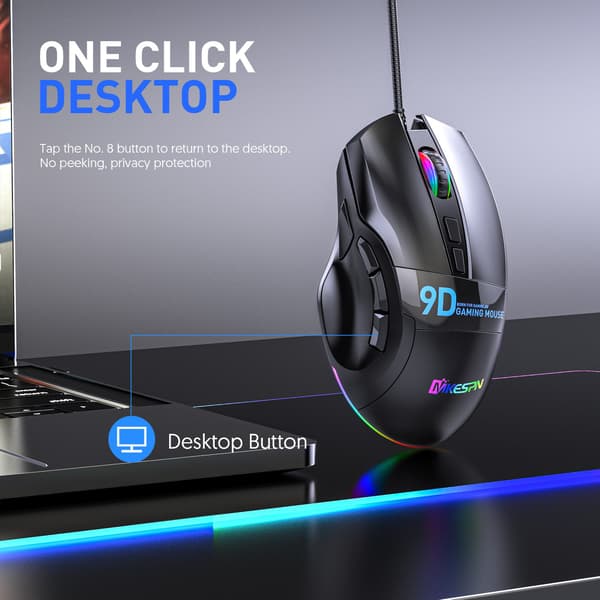 9-knaps RGB Kablet Mus Fuld Hastighed - Optisk Gaming Mus med 12800 DPI, 9 Programmerbare Knapper og RGB Baggrundsbelysning til PC Gaming