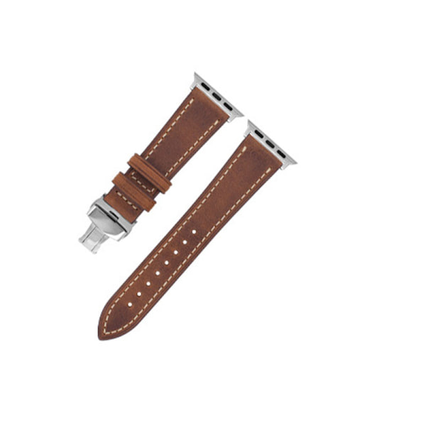 Äkta läderrem för Apple Watch med Silver Butterfly Spänne - (42/44/45/49 mm) Brun