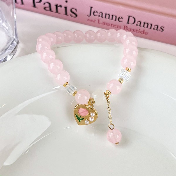 Pink Beads Armbånd Justerbart Hjerte Lyserød