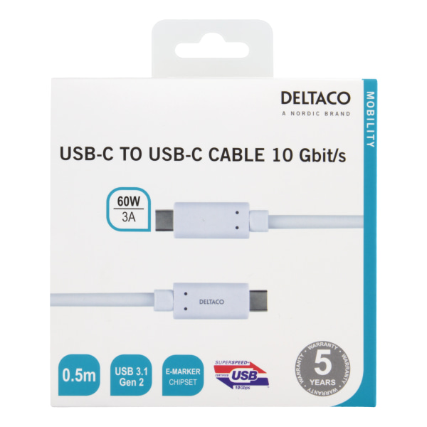 USB-C to USB-C cable, 0.5m, 60W USB PD, 10 Gbps, white