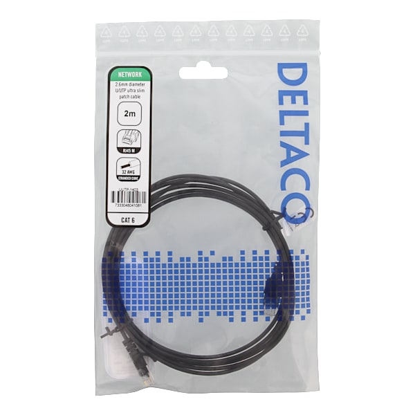U/UTP Cat6 patch cable slim, 2.6 mm⌀, 2m, 500MHz, black