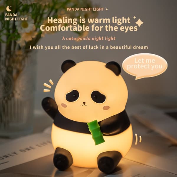 Sød Panda Natlampe - USB Genopladelig, Blød Silikone, Justerbar Lysstyrke, Timerfunktion - Perfekt til Børn