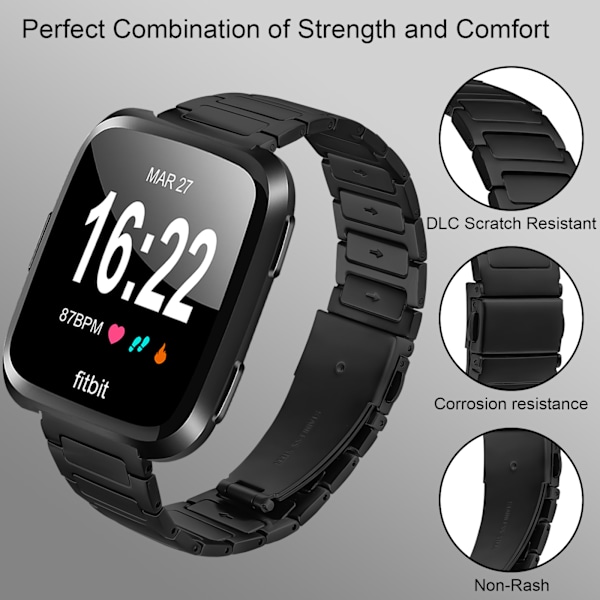 Fitbit Versa 2/Lite kellon ranneke - ruostumatonta terästä Musta