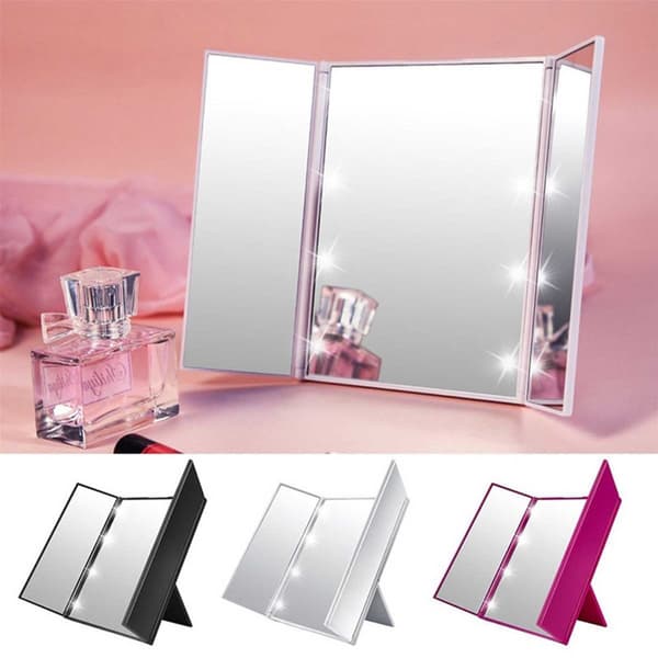 LED-belyst trefoldet makeupspejl - bærbart forfængelighedsspejl, perfekt til fejlfri makeup Rose red Rose red