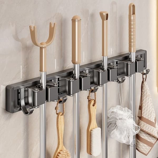 Wall-Mounted Broom Holder Silver 30cm 2 Clips 3 Hooks Mop And Broom Organizer
