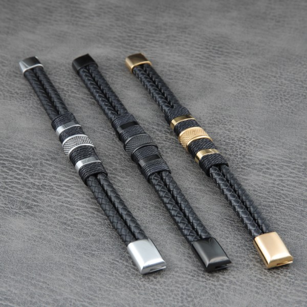 Punk vävt rostfritt stål läderrep armband 22 cm