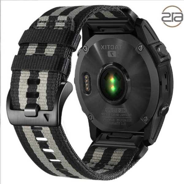 Hurtigudløsende nylonrem til Garmin Fenix 5X 6X 7X Tactix 7 Pro Sort + lysegrå 22 mm