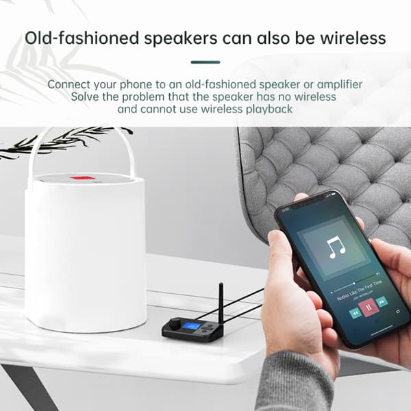 Bluetooth 5.0 sender til TV og pc - 3.5mm indgang til trådløs stereo, håndfri opkald, 10m rækkevidde, kompakt sort design