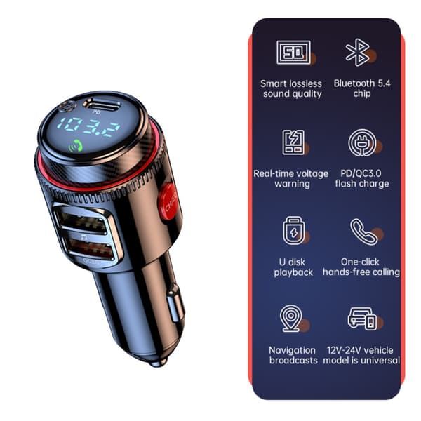 Bil Bluetooth MP3-transmitter med Bluetooth 5.3, PD30W hurtigopladning, dual USB smart oplader, FM-transmitter og USB audio til 12V-24V cigarettænder