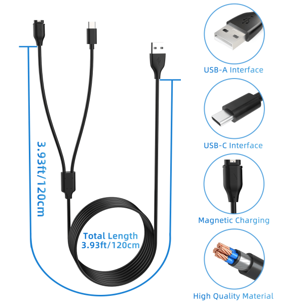 2-i-1 oplader til USB-C mobiltelefon og sportsur Garmin Fenix, Forerunner, Vivoactive etc. Sort 1.2 m