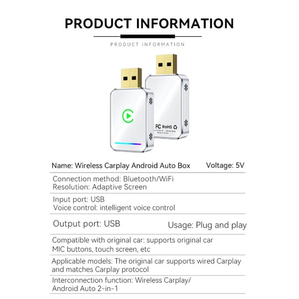 Smart Carplay & Android Auto Trådlös Adapter Box - Metall & Glas Design, för Bekväm Bilanslutning Silver+White Silver+White