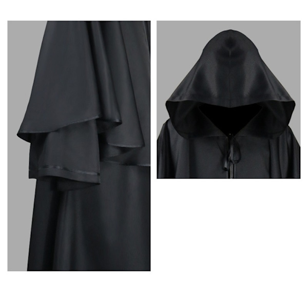 Middelalderlig hættekappe sort - troldmandskappe cosplay kostume M M