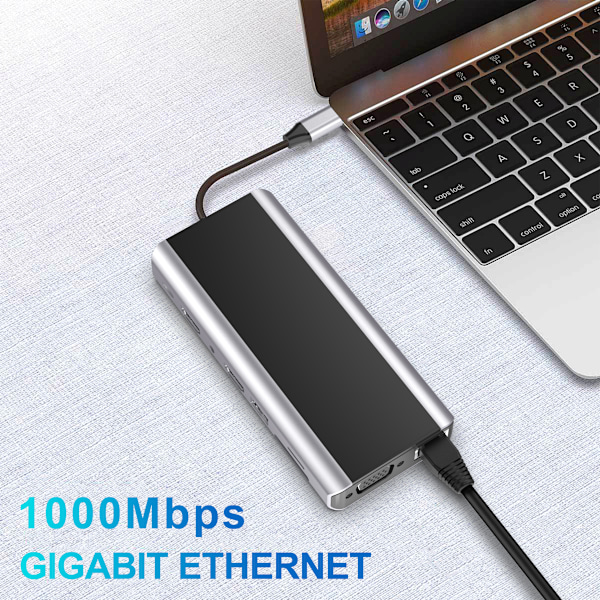 15-in-1 USB-C Hub -monitoimiadapteri HDMI:llä, VGA:lla, Ethernetillä ja SD/TF-kortinlukijalla