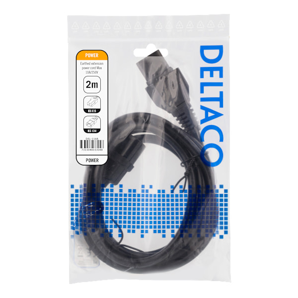 2m earthed cable IEC 6320 C15, IEC 6320 C14, 250V/10A, black