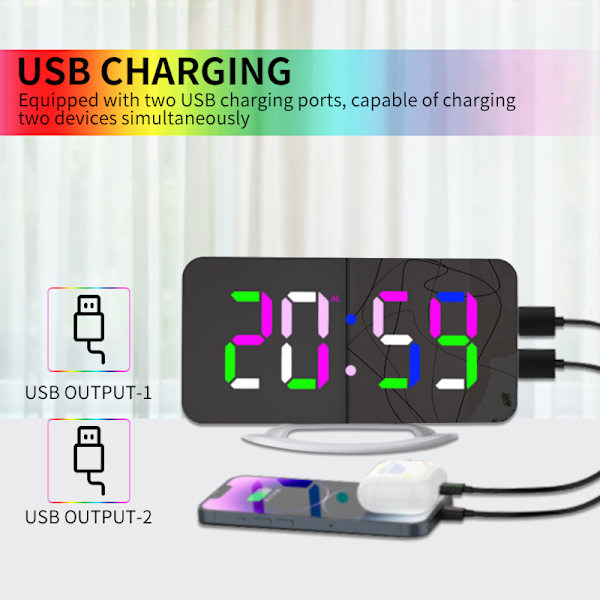 Digital väckarklocka med spegelyta 3 ljusstyrkor RGB färger