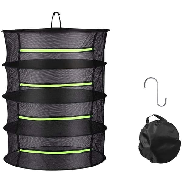 6-lags foldbart tørrestativ til urter 60cm diameter - rundt net til køkken, balkon og frugt, rustfrit stål, polyester, inkl. saks, krog, handsker