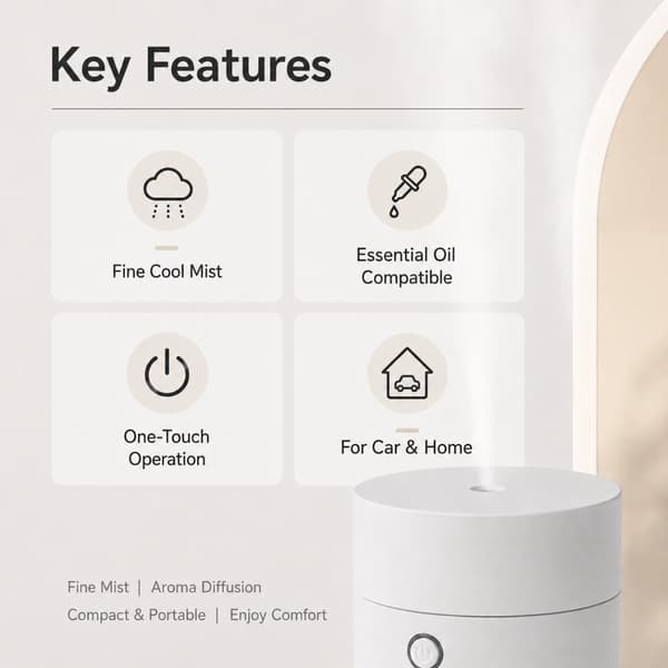 USB ultralyds aroma-diffuser 55ml til bil og skrivebord – bærbar cool-mist, lav støj, automatisk slukning, USB 5v 5w
