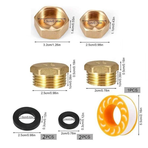 Messing Rørprop Sæt - 8 Propper, PTFE Tape og 4 Skiver - NPT Gevind Hætter og Propper