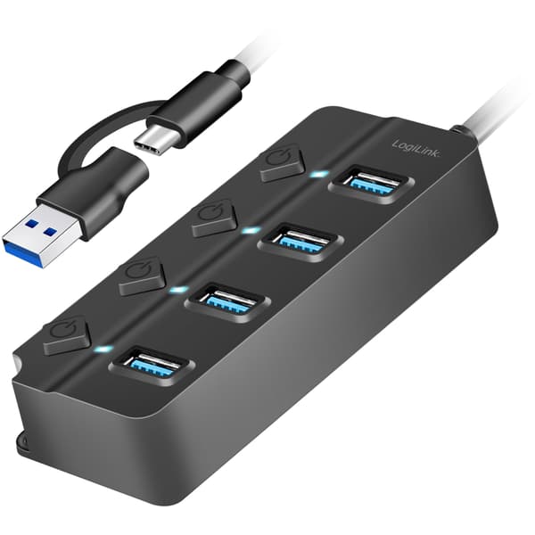 USB-hub med 4 porte og separate tænd/sluk-knapper USB-C/USB-A i USB 3.2 Gen1