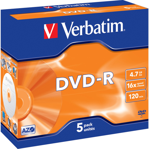 DVD-R, 16x, 4.7 GB/120 min, 5-pack jewel case, AZO