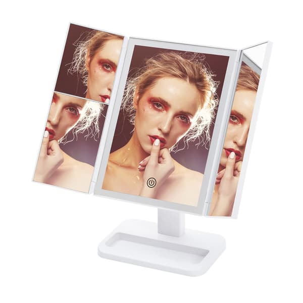 LED Sminkspegel - Läderdesign, USB/Batteridriven, Tri-Fold Sminkbordsspegel Vit