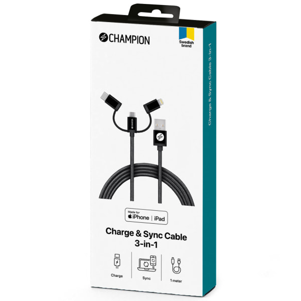 USB-A till Lightning, USB-C och Micro-USB 1,5m Svart