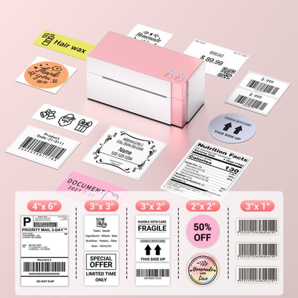 WiFi termisk etiketprinter 300dpi for skarpe stregkoder til forsendelse og lager med 108mm printbredde, WiFi+Bluetooth, USB/netværk White+Pink White+Pink