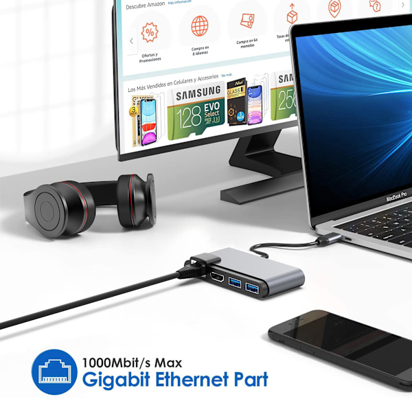 6-i-1 USB-C Hub med HDMI, RJ45 og USB 3.0