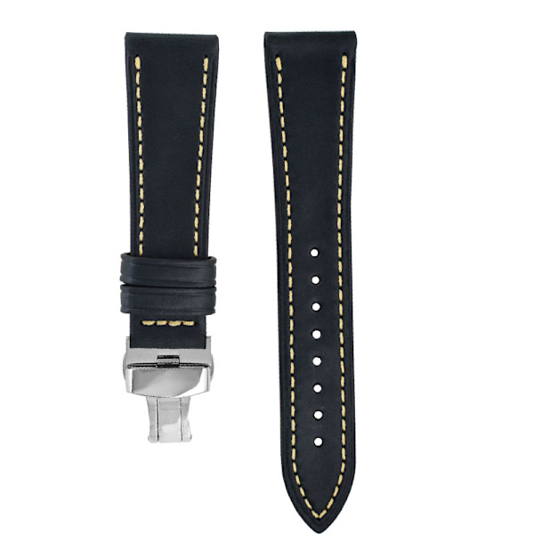 Klockarmband i äkta läder med dubbla fjärilsspänne - 20MM Svart